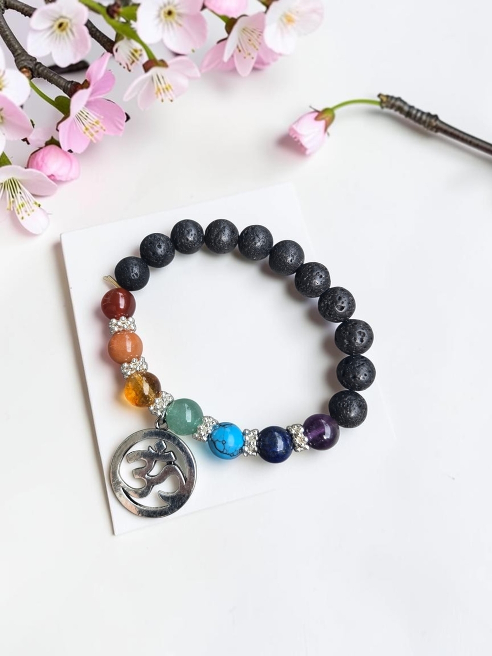 10mm Lava Stone 7 Chakra Beaded Bracelet with Om Charm – Energy Healing Diffuser